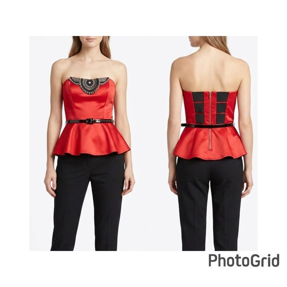 VNTG Y2K Beaded Peplum Tube Top / Red Satin Cyber Baddie Corset Style Top w/ Bel